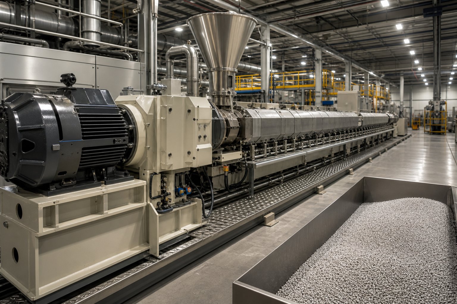 a polymer compounding production line where the twin screw extruder gearbox handles sustained high torque processing demands