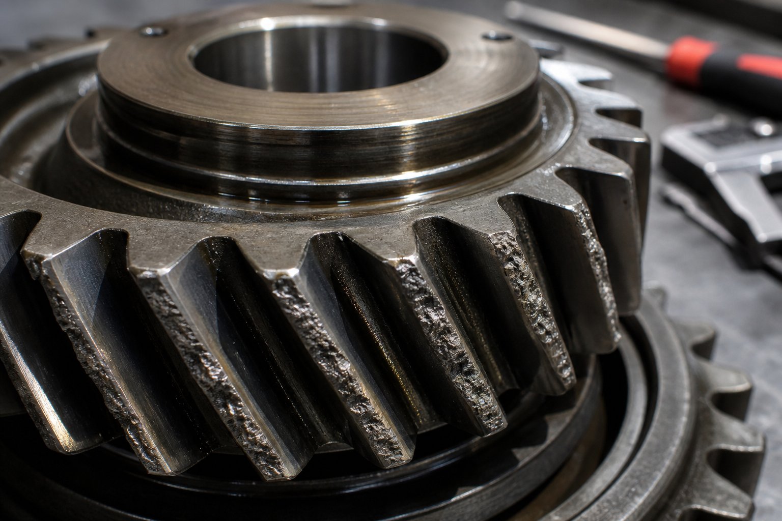 close up of helical gear teeth showing pitting and surface fatigue %E2%80%94 early signs of twin screw extruder gearbox wear