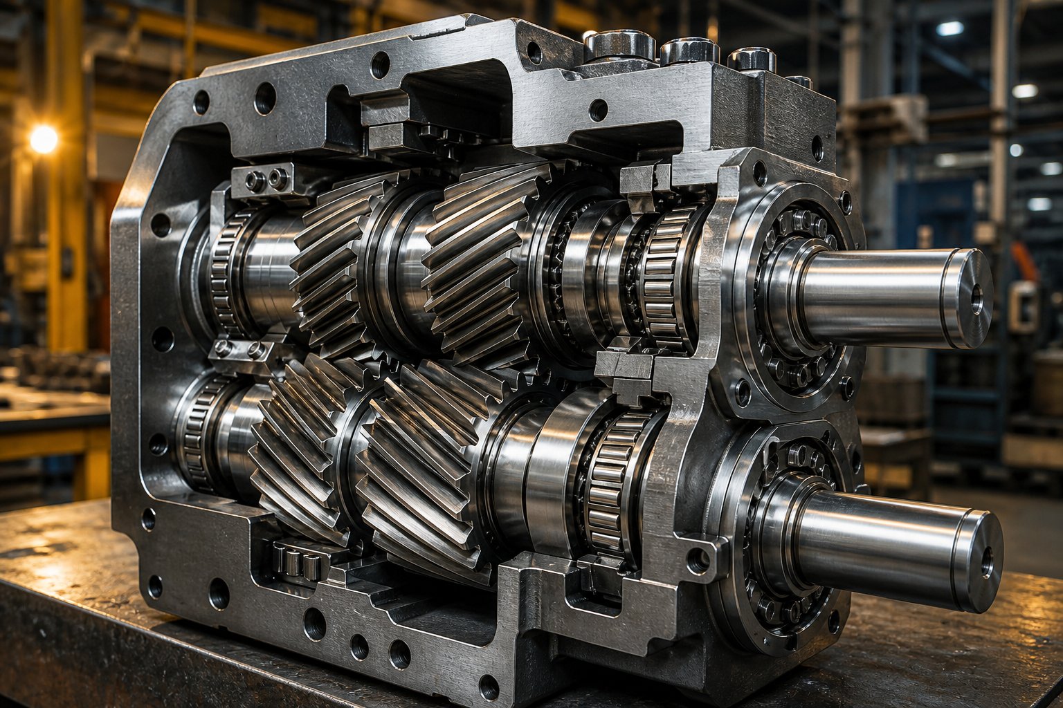 cutaway view of a twin screw extruder gearbox revealing internal helical gear stages and dual output shafts