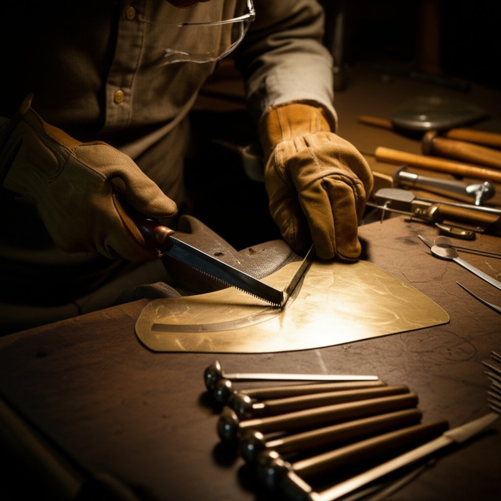 cutting and shaping brass sheet with hand tools in a workshop