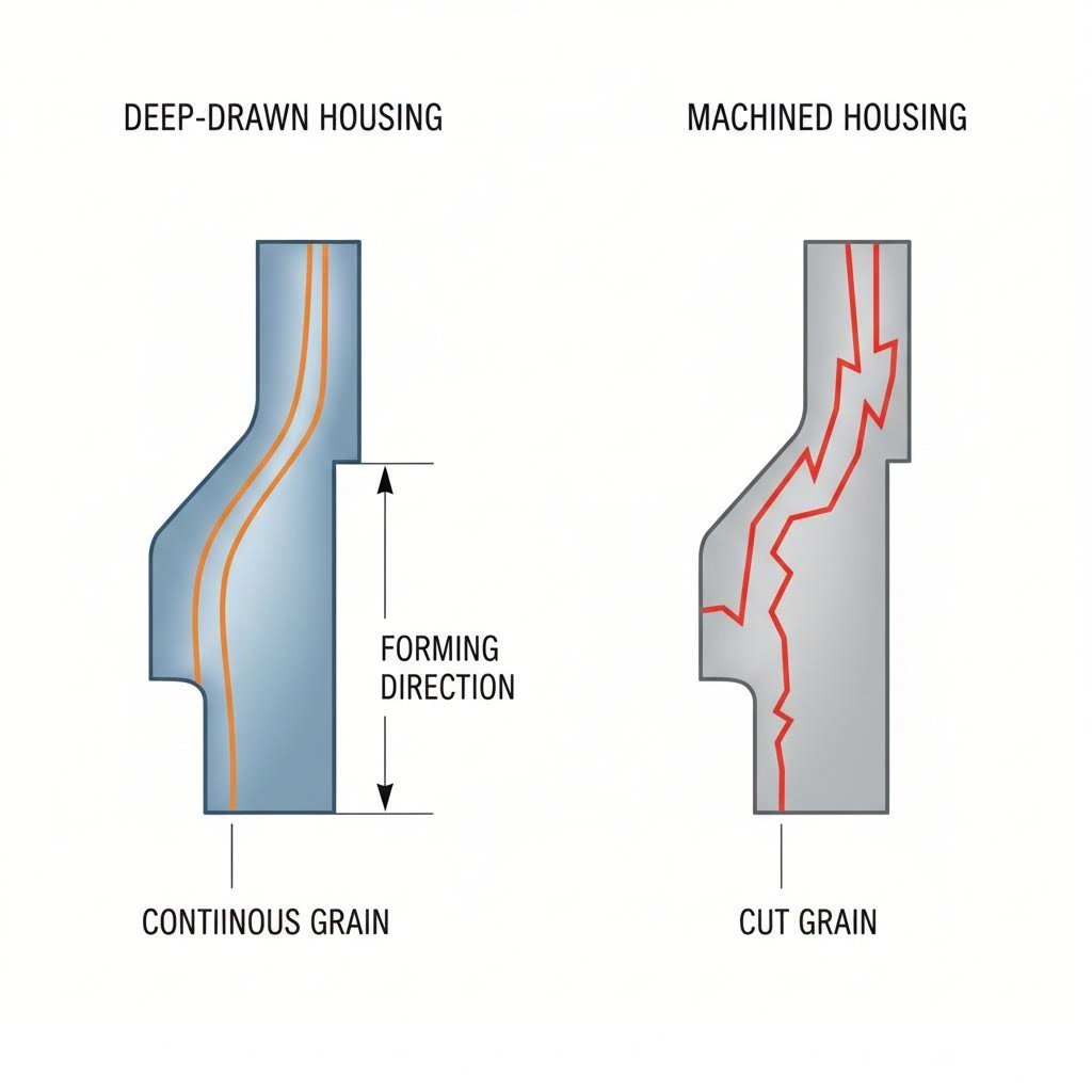 Diagram comparing grain structure in deep drawn vs machined metal parts