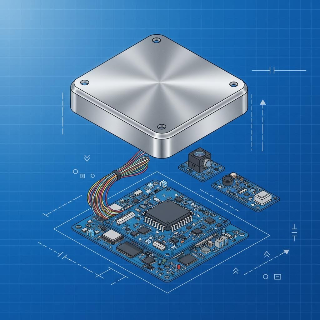 Exploded view of a deep drawn metal sensor housing and internal components