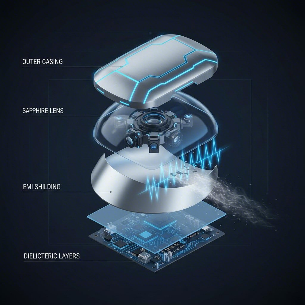 Illustration of metal housing blocking electromagnetic interference (EMI)