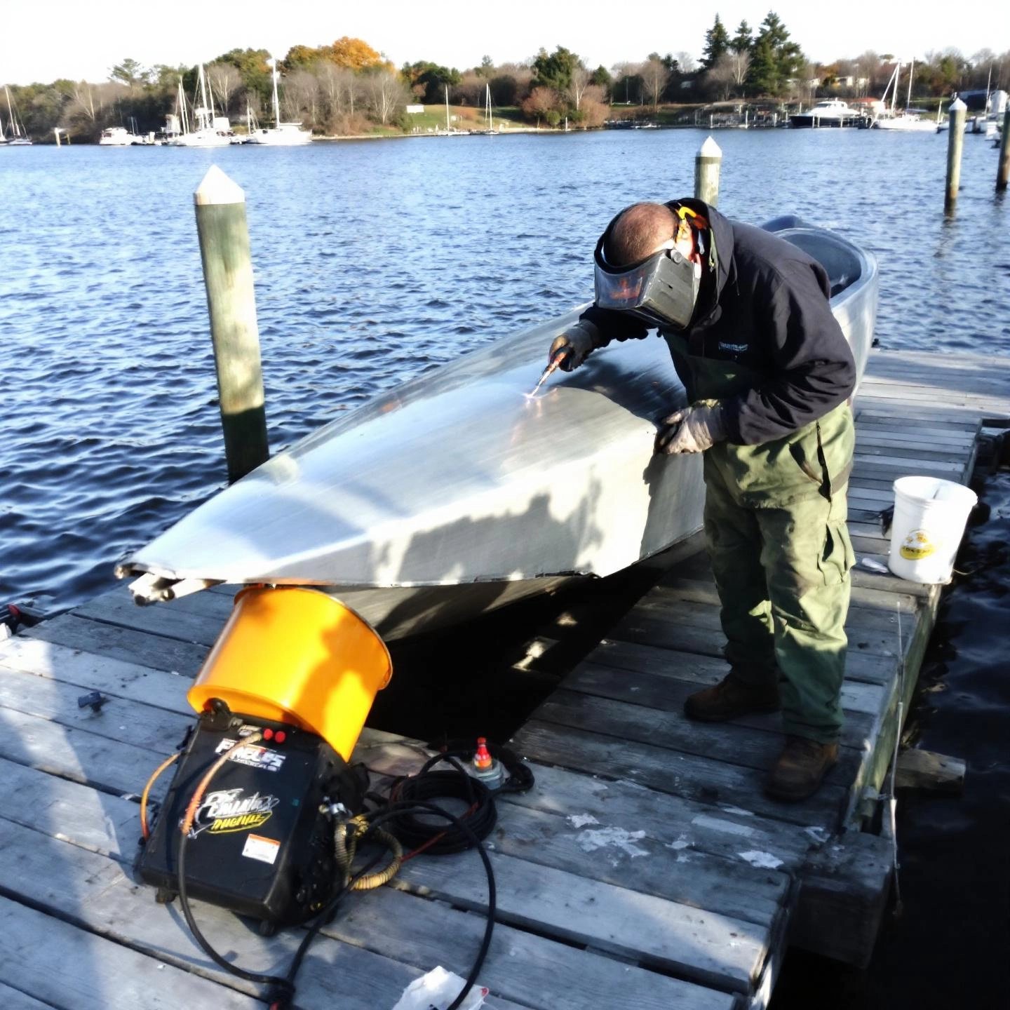 aluminum boat hull being expertly repaired by a skilled marine welder