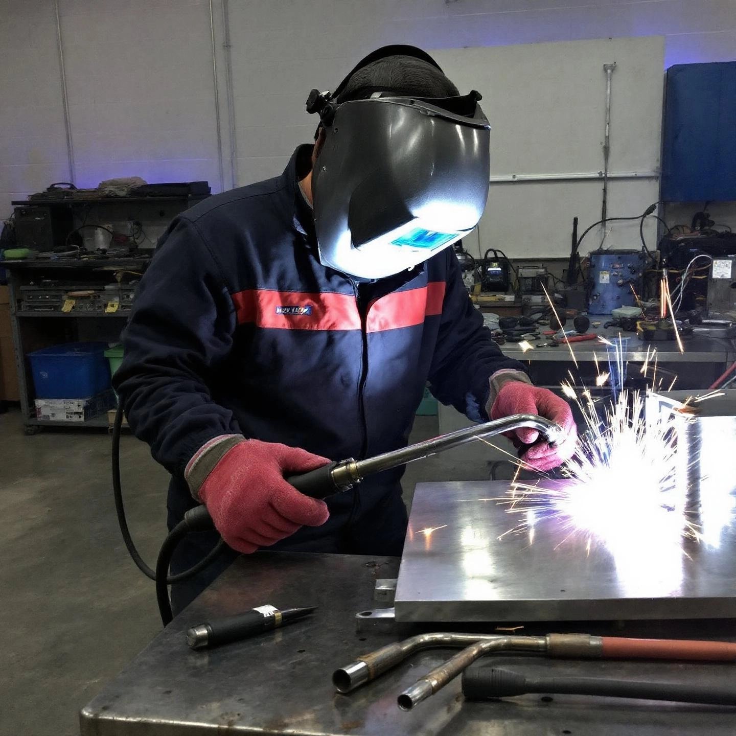 expert aluminum welder performing precise work in a professional workshop
