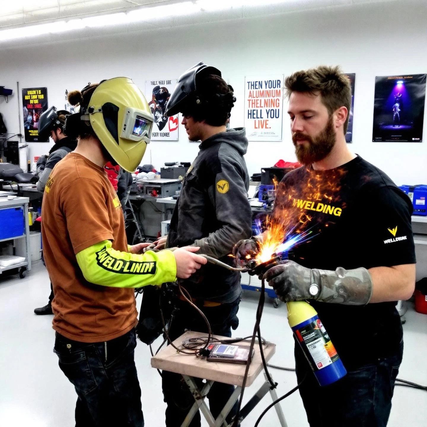 welding students learning aluminum techniques in a hands on training class