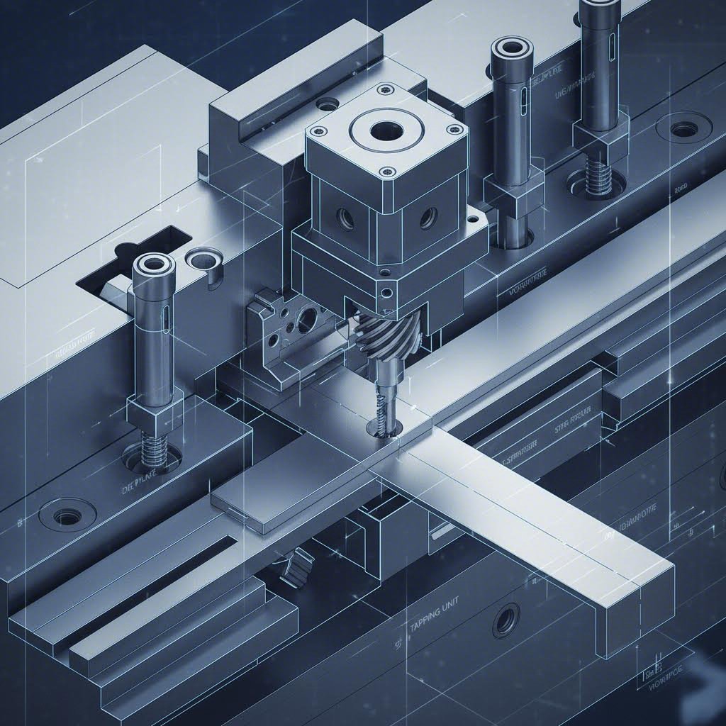 Cutaway view of an in die tapping unit integrated into a progressive stamping die station