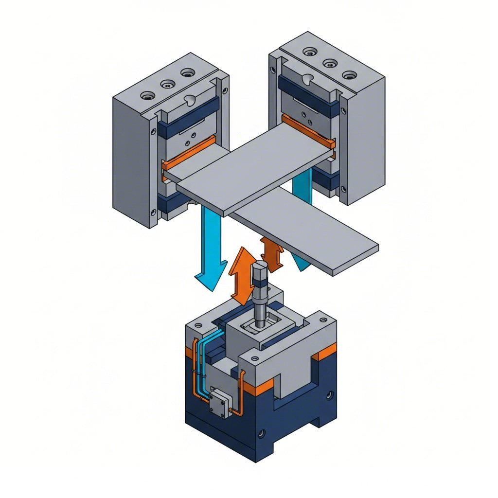 Diagram demonstrating bottom up tapping configuration to accommodate strip lift in progressive dies