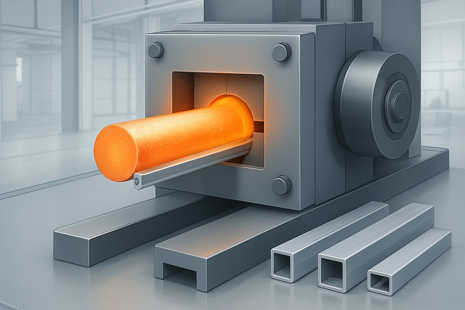 aluminum extrusion shown as both a forming process and a finished profile