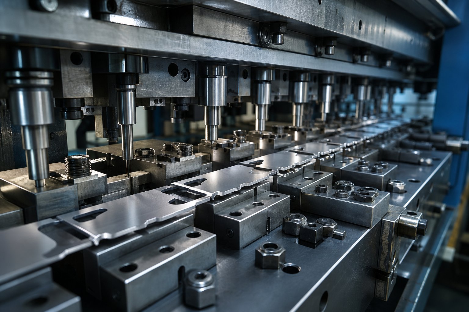 info-1-1 a progressive die stamping setup with multiple stations forming sheet metal sequentially in a single press