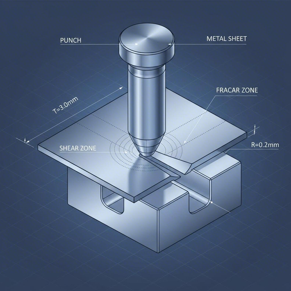 Cross section diagram of stamping die mechanics showing optimal shear and fracture zones