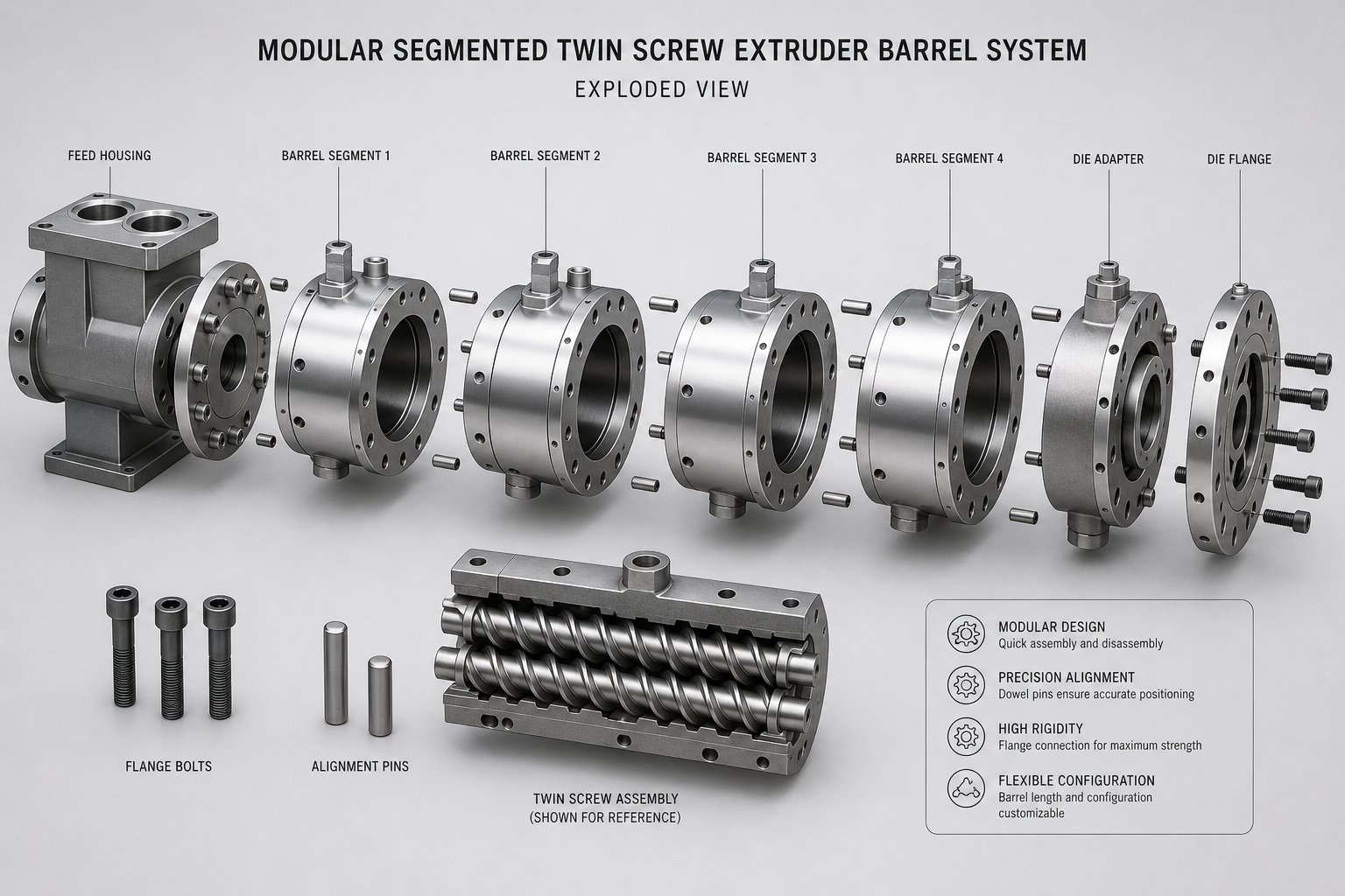 modular segmented twin screw barrel sections showing individual segments that bolt together for flexible configuration