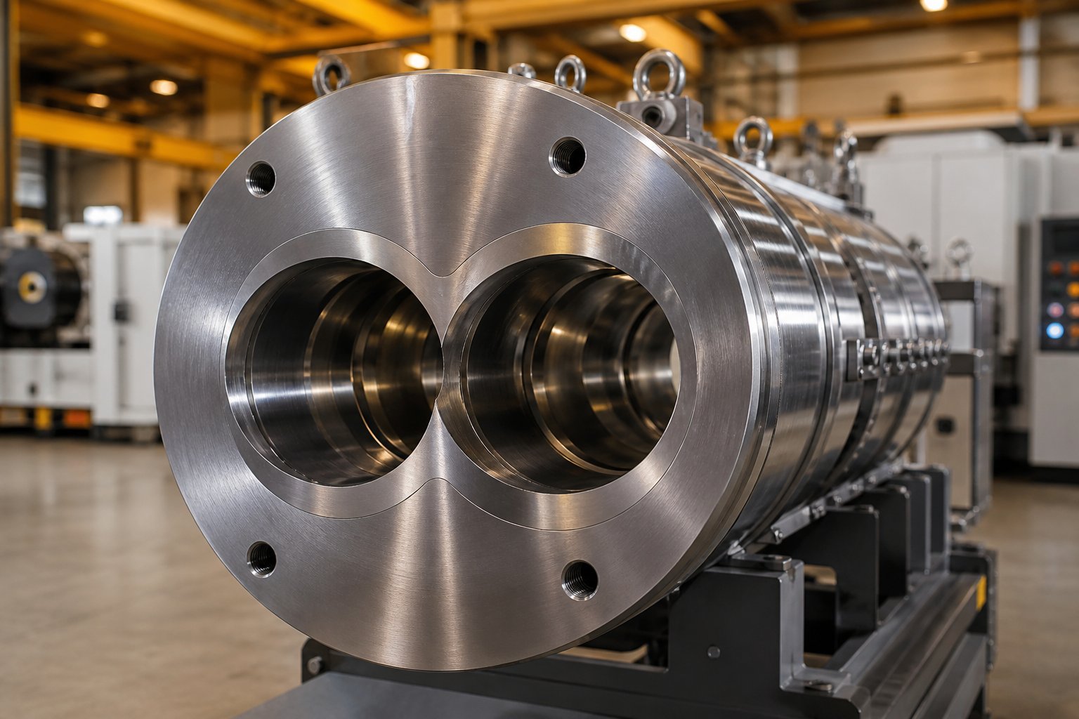 precision bored extruder twin screw barrel showing the characteristic figure eight bore geometry