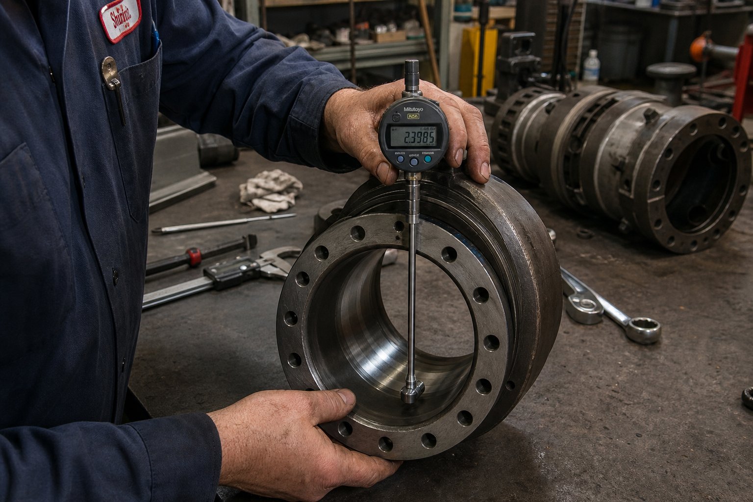 technician measuring bore diameter during a scheduled twin screw barrel inspection to track wear progression