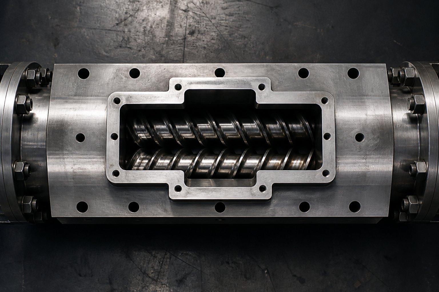 twin screw barrel segment with engineered vent port opening for volatile removal during polymer processing