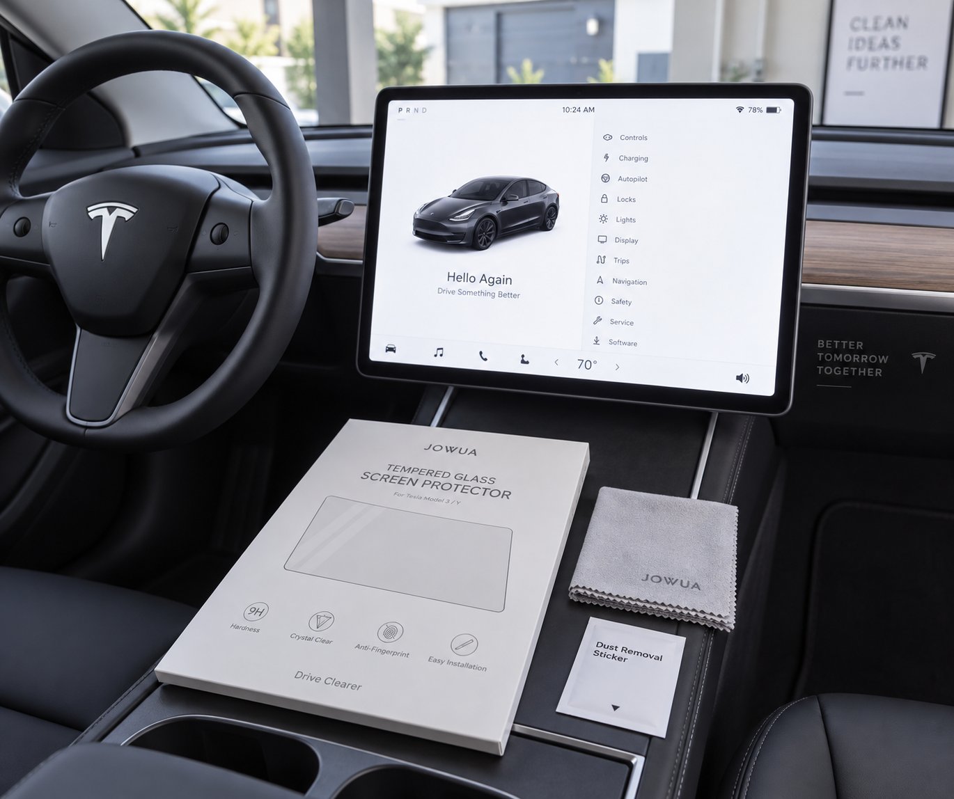 a clean tesla touchscreen prepped and ready for a fresh screen protector installation