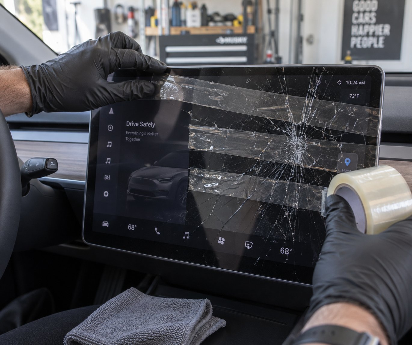 applying packing tape over a cracked screen protector to safely contain glass fragments during removal