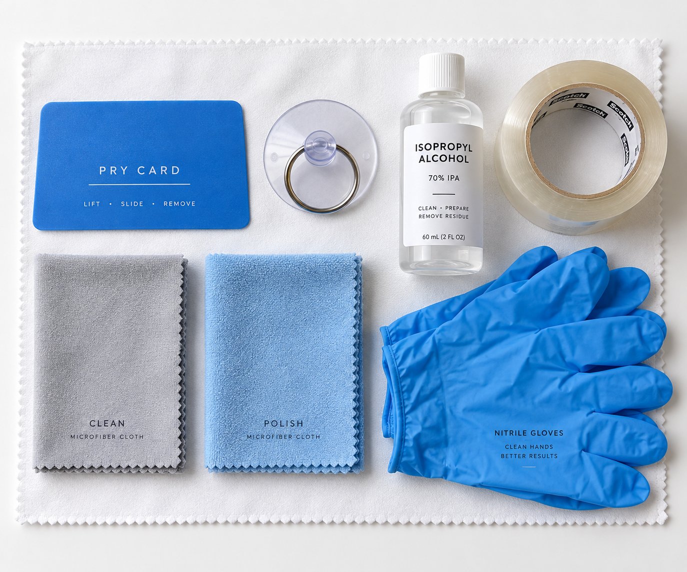 essential tools for safely removing a tesla screen protector laid out and ready for use