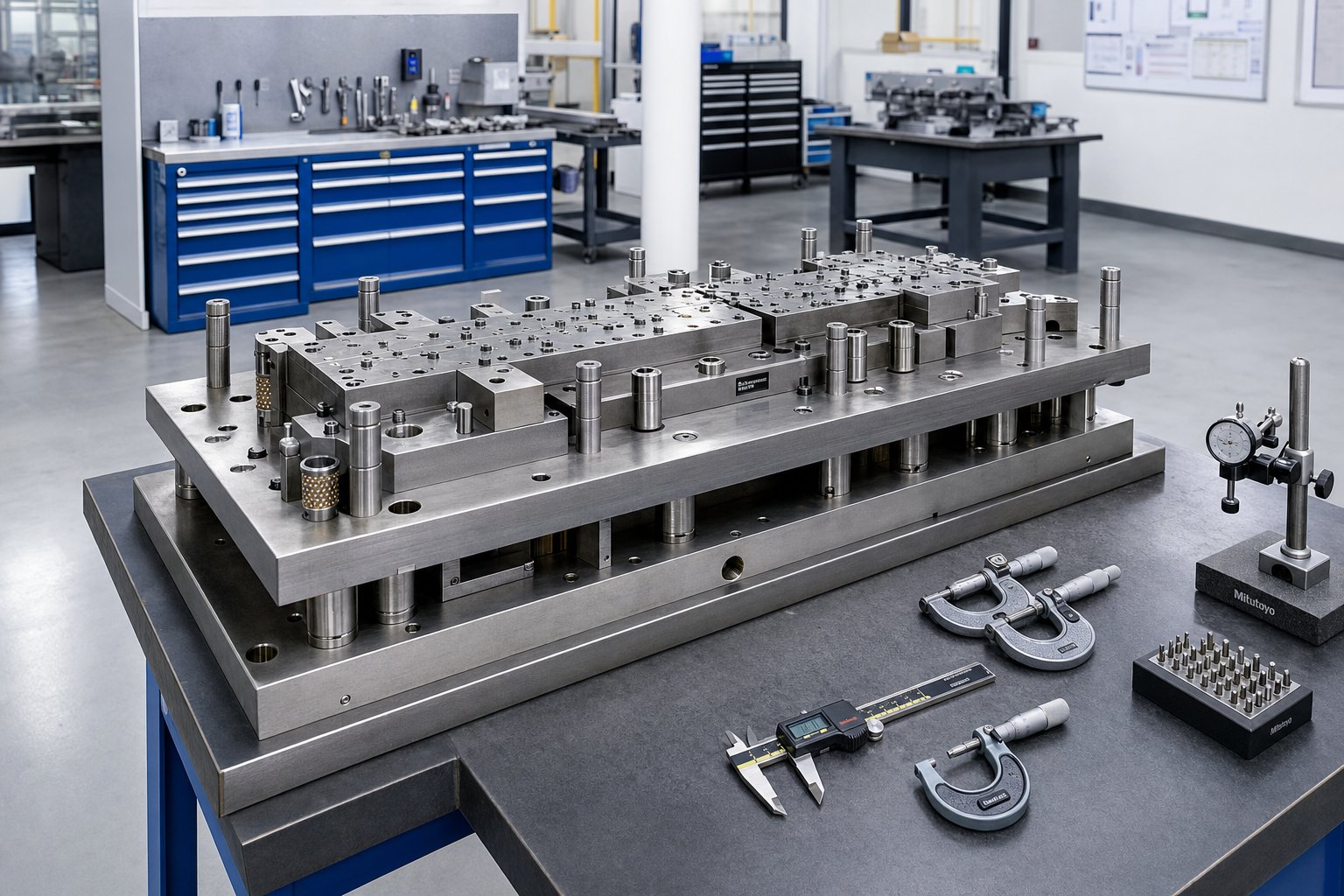 a completed progressive stamping die on an assembly bench ready for tryout and production validation