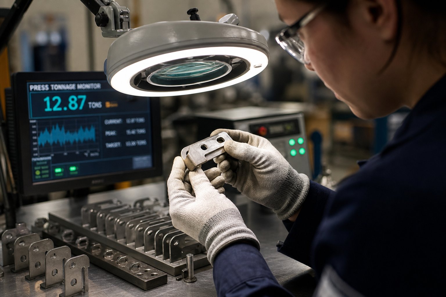 in process quality inspection of progressive die stamped parts with tonnage monitoring equipment in the background