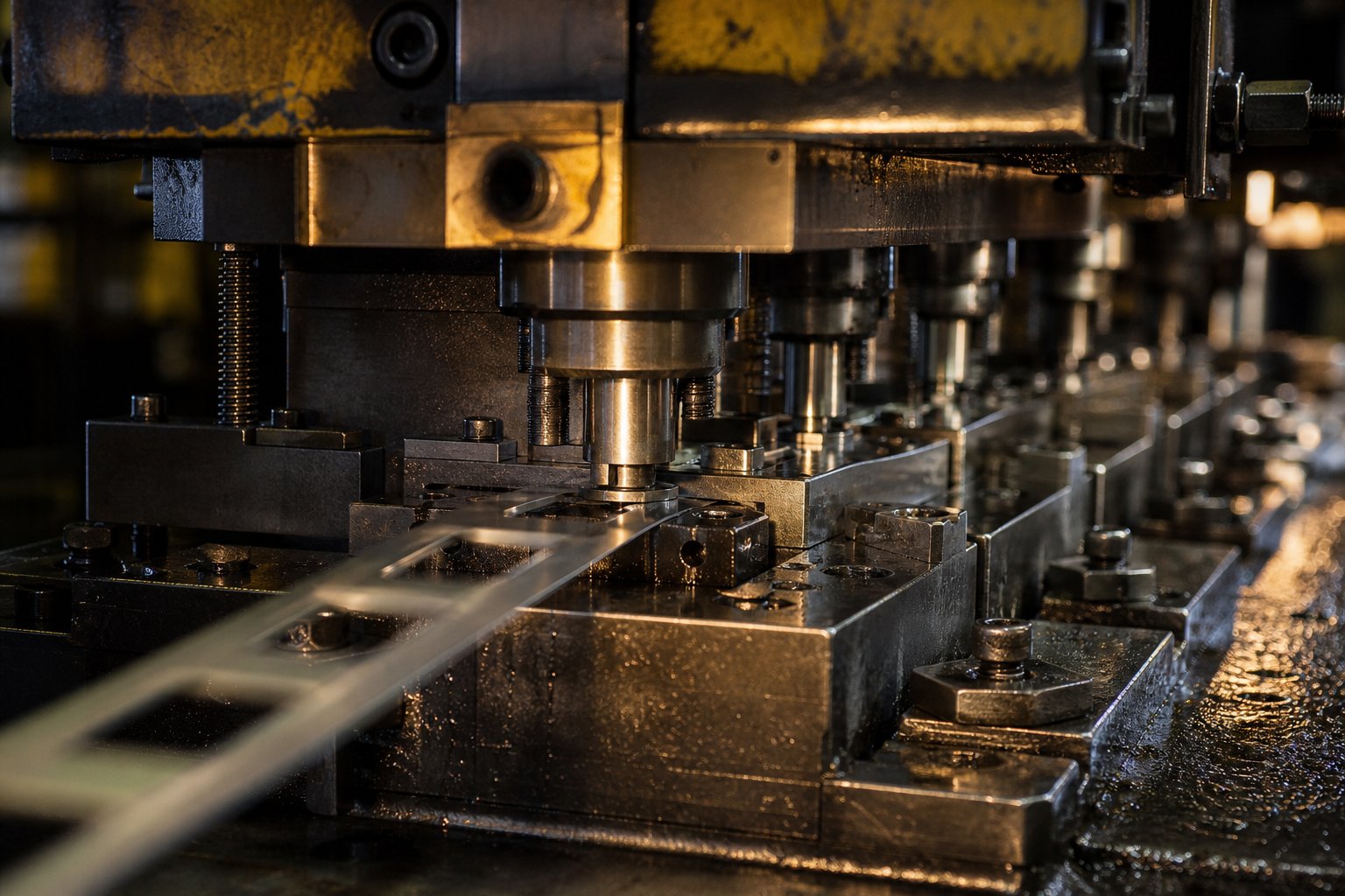 progressive die stamping in action showing a metal strip advancing through multiple forming stations inside an industrial press