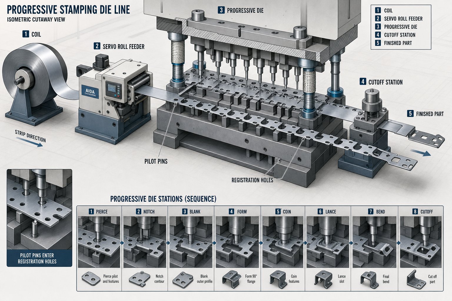 strip progression system showing pilot pin registration servo feeding and carrier retention across multiple die stations