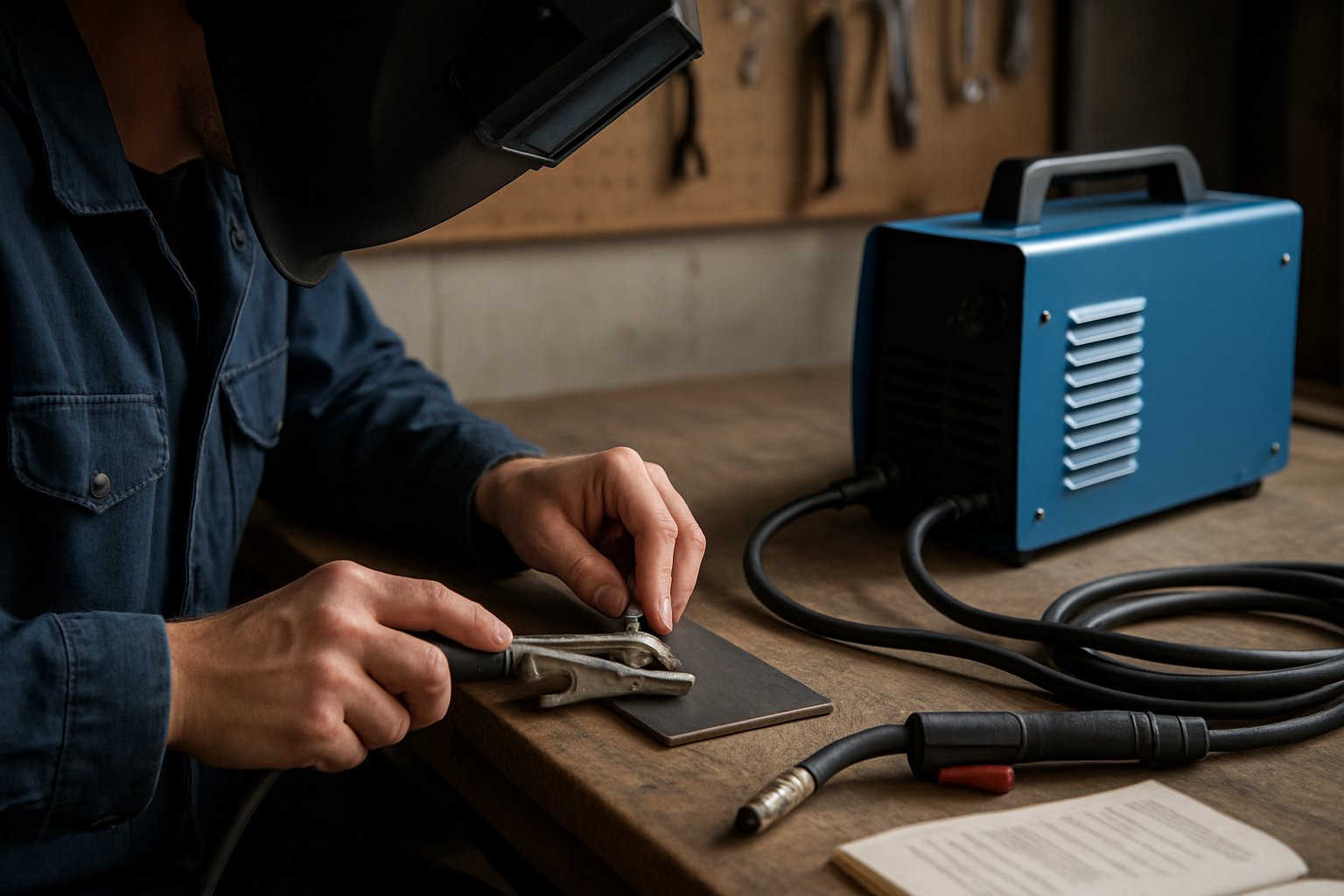beginner preparing a welder and securing the work clamp
