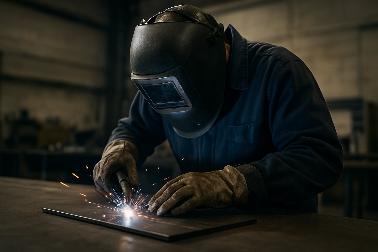 beginner running a first practice bead on flat steel