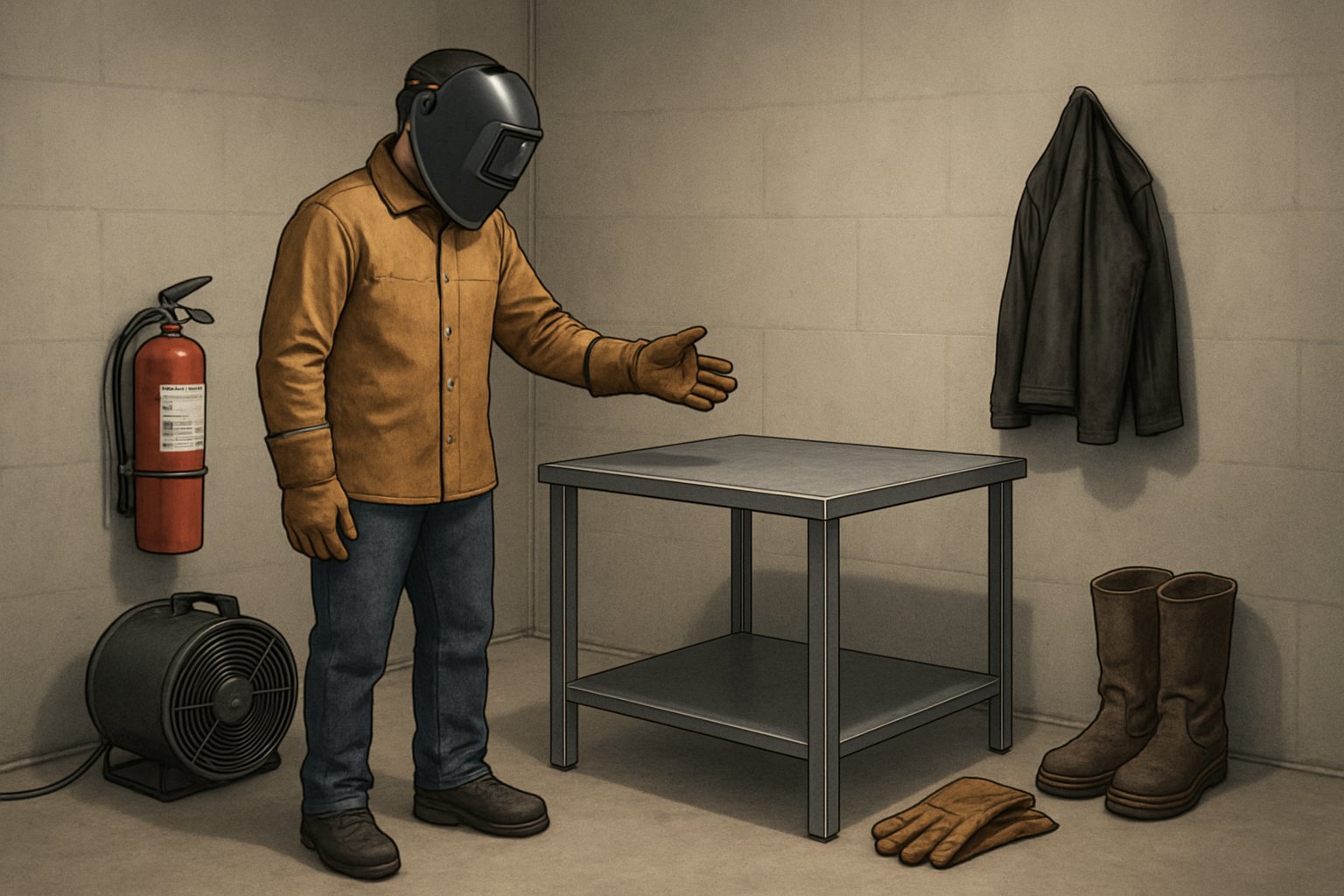 beginner welder setting up a safe welding workspace