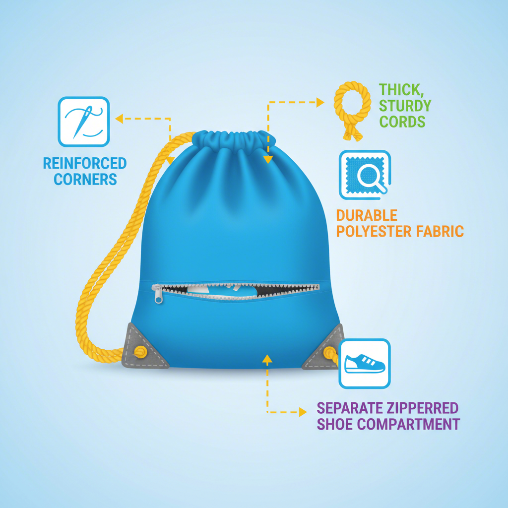 infographic showing key features of a durable sports drawstring bag