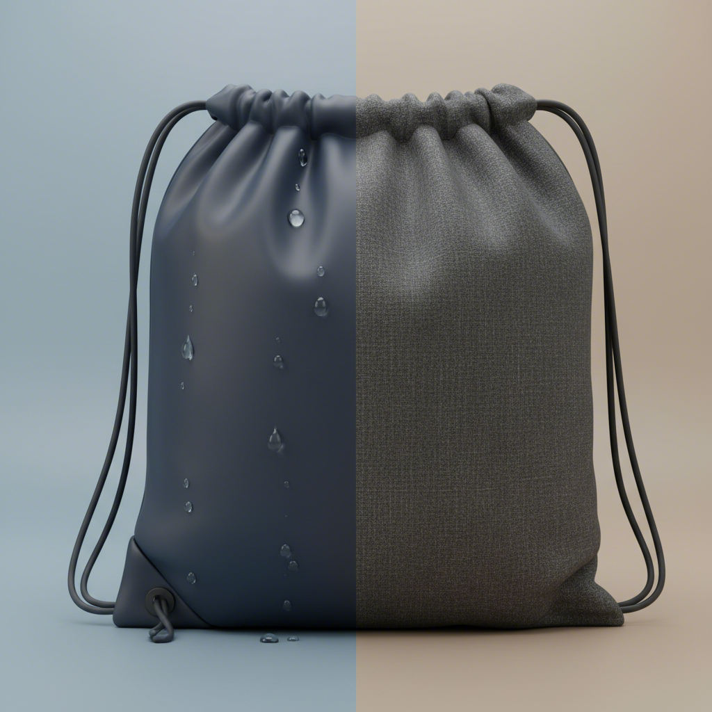 visual comparison of waterproof and heavy duty drawstring bag concepts