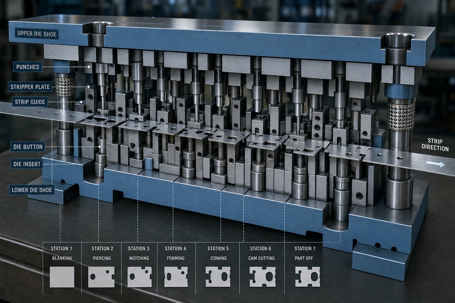 info-1-1 progressive stamping die with multiple stations that perform sequential operations on a continuous metal strip