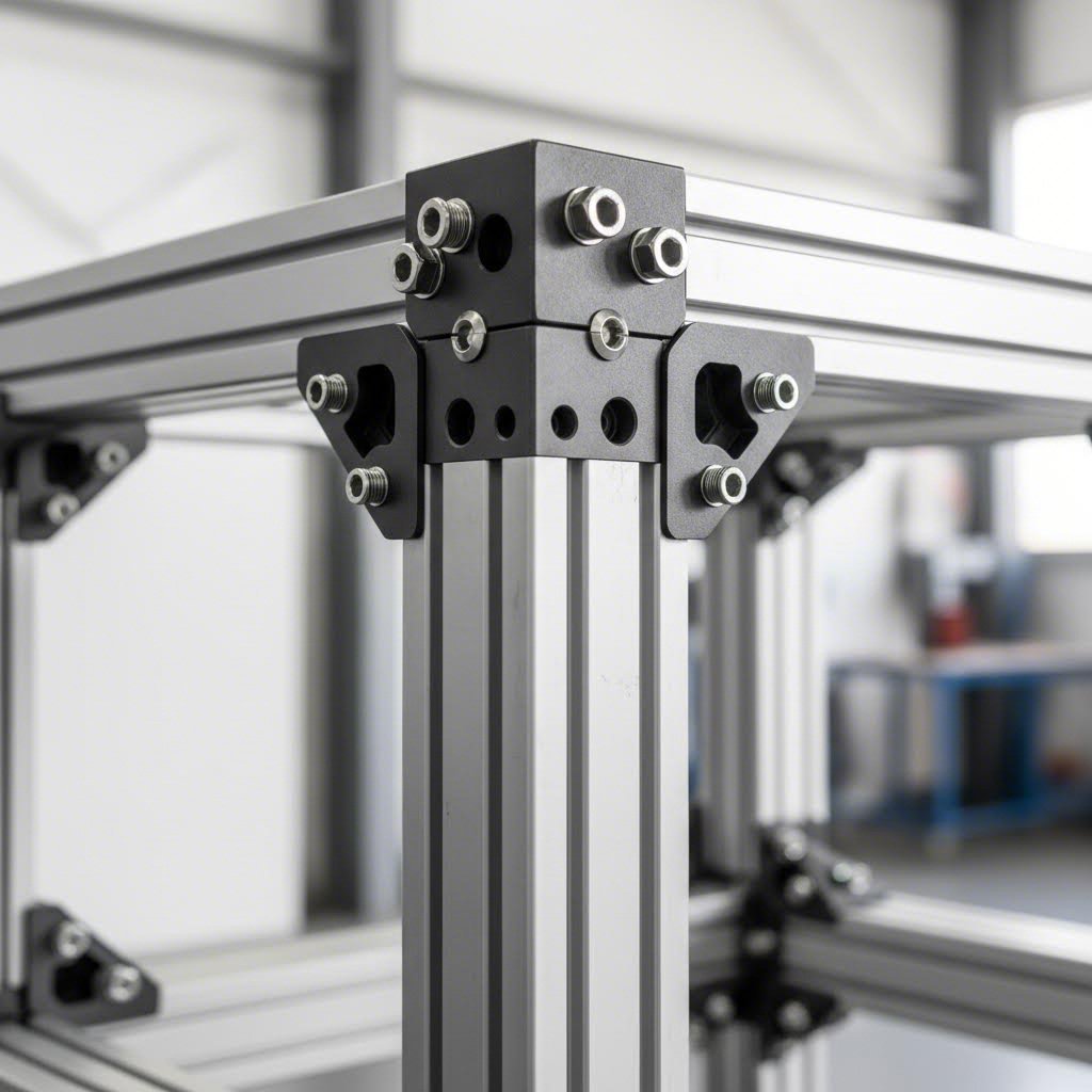 t slot aluminum framing system demonstrating modular assembly with specialized hardware connections