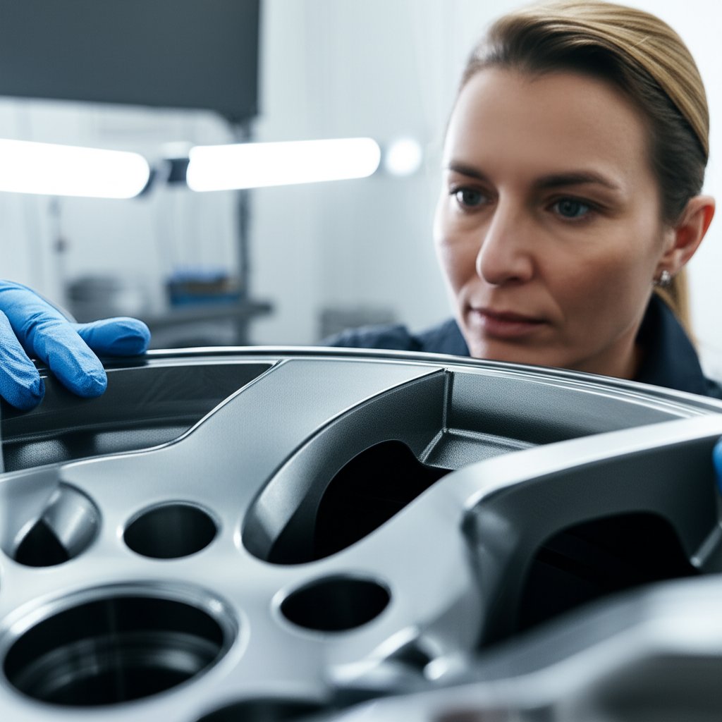 technician inspecting powder coated aluminum parts for surface defects
