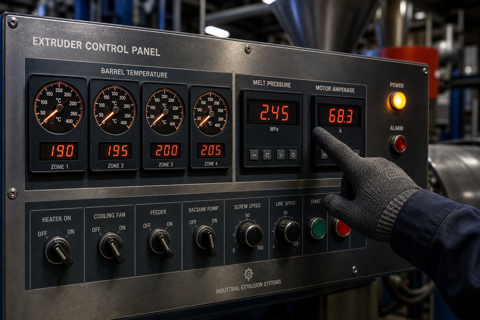 melt pressure temperature and motor amperage gauges provide critical diagnostic signals for extrusion troubleshooting