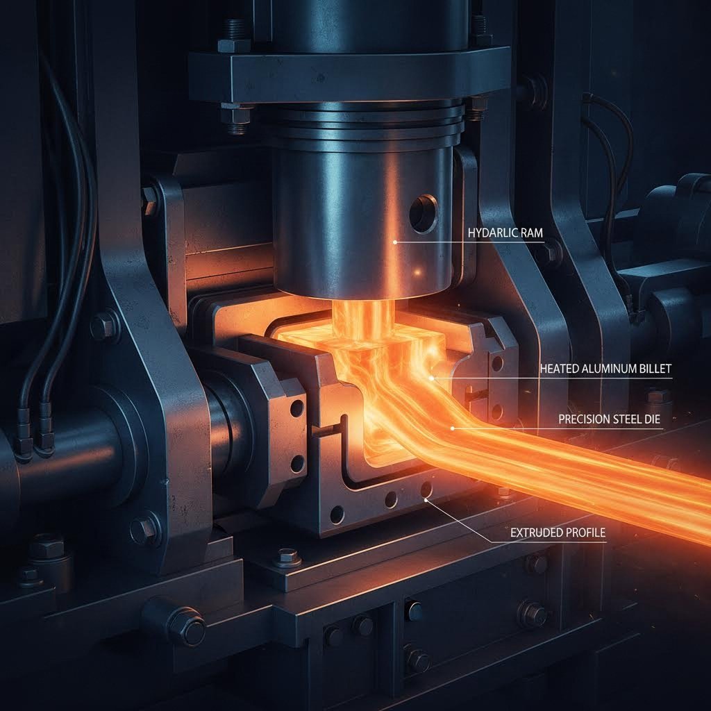 heated aluminum billet transforms into precise profiles through the extrusion die