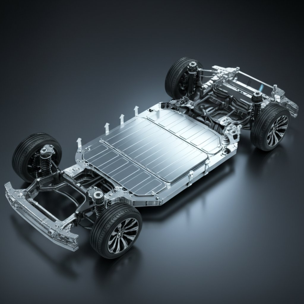 diagram showing key applications of aluminum in an electric vehicles structure and battery