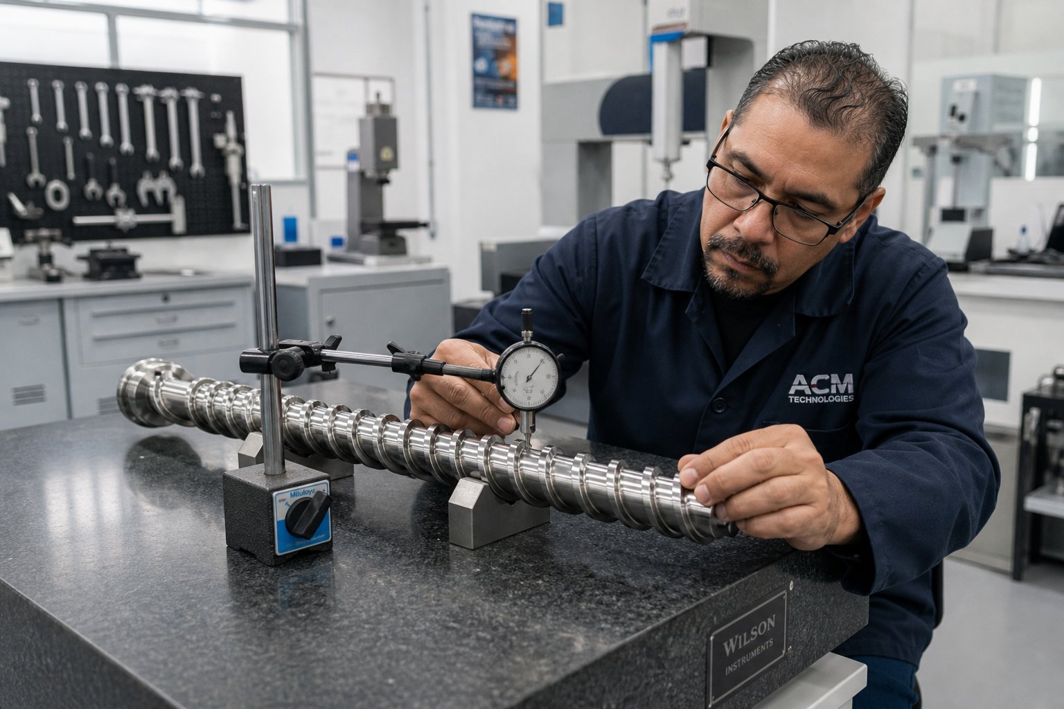 dimensional inspection of an extruder screw using dial indicator and v block setup for tir measurement