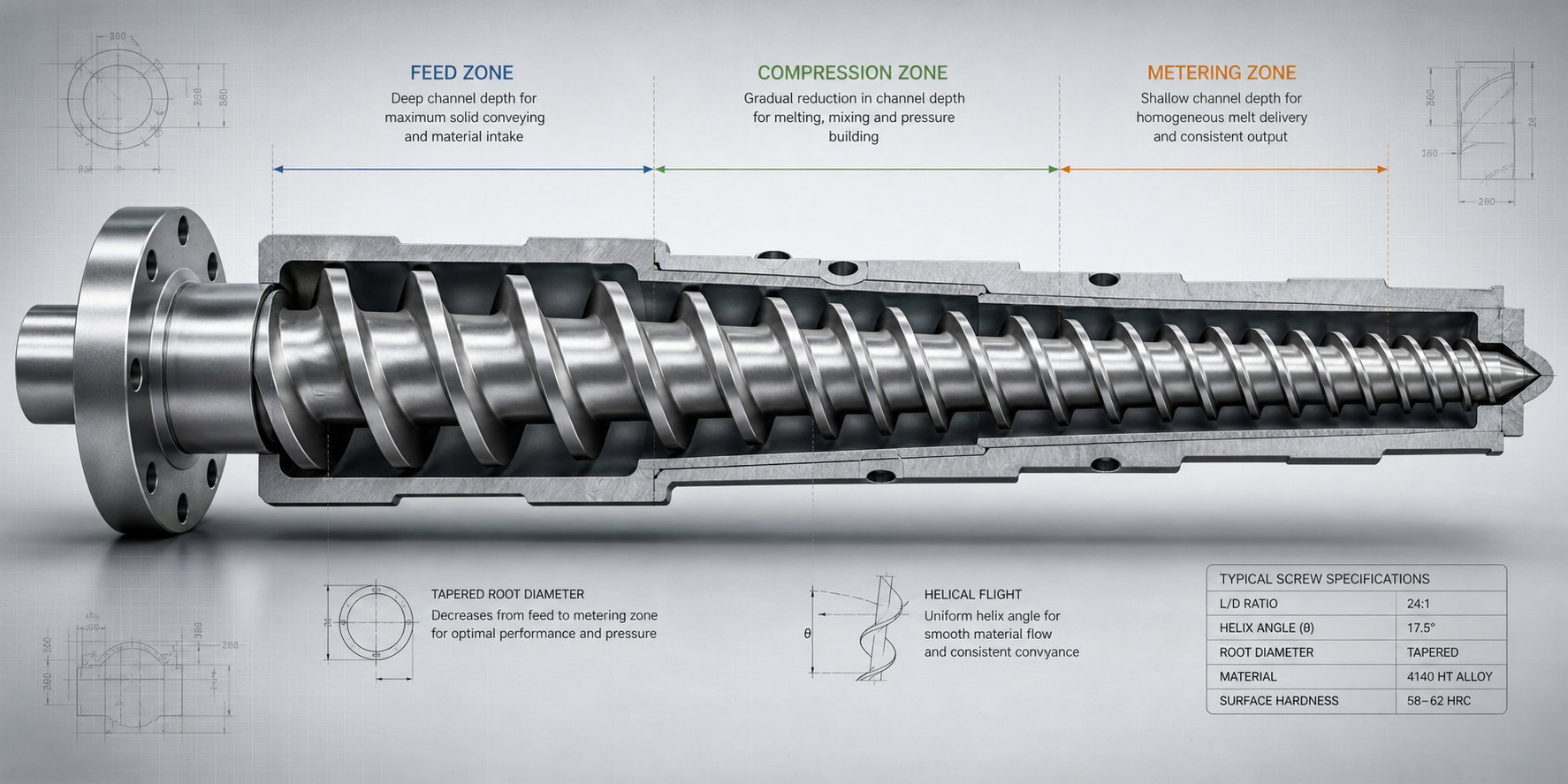 extruder screw geometry showing feed compression and metering zones with varying channel depths
