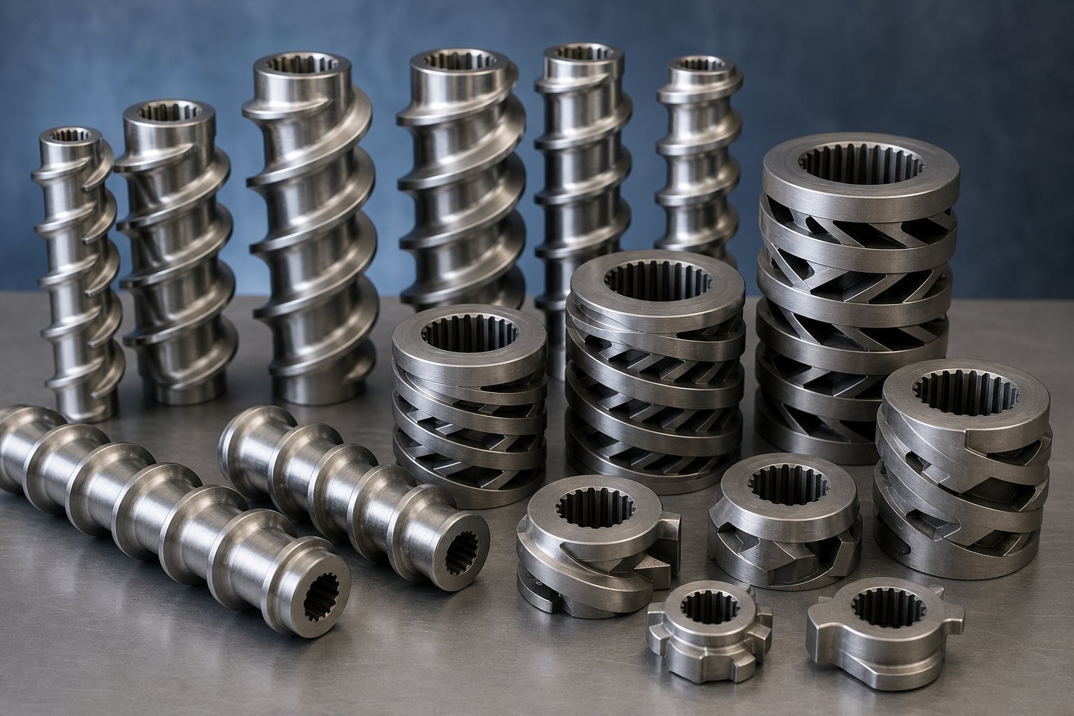 modular twin screw elements including conveying screws and kneading blocks for custom profile assembly