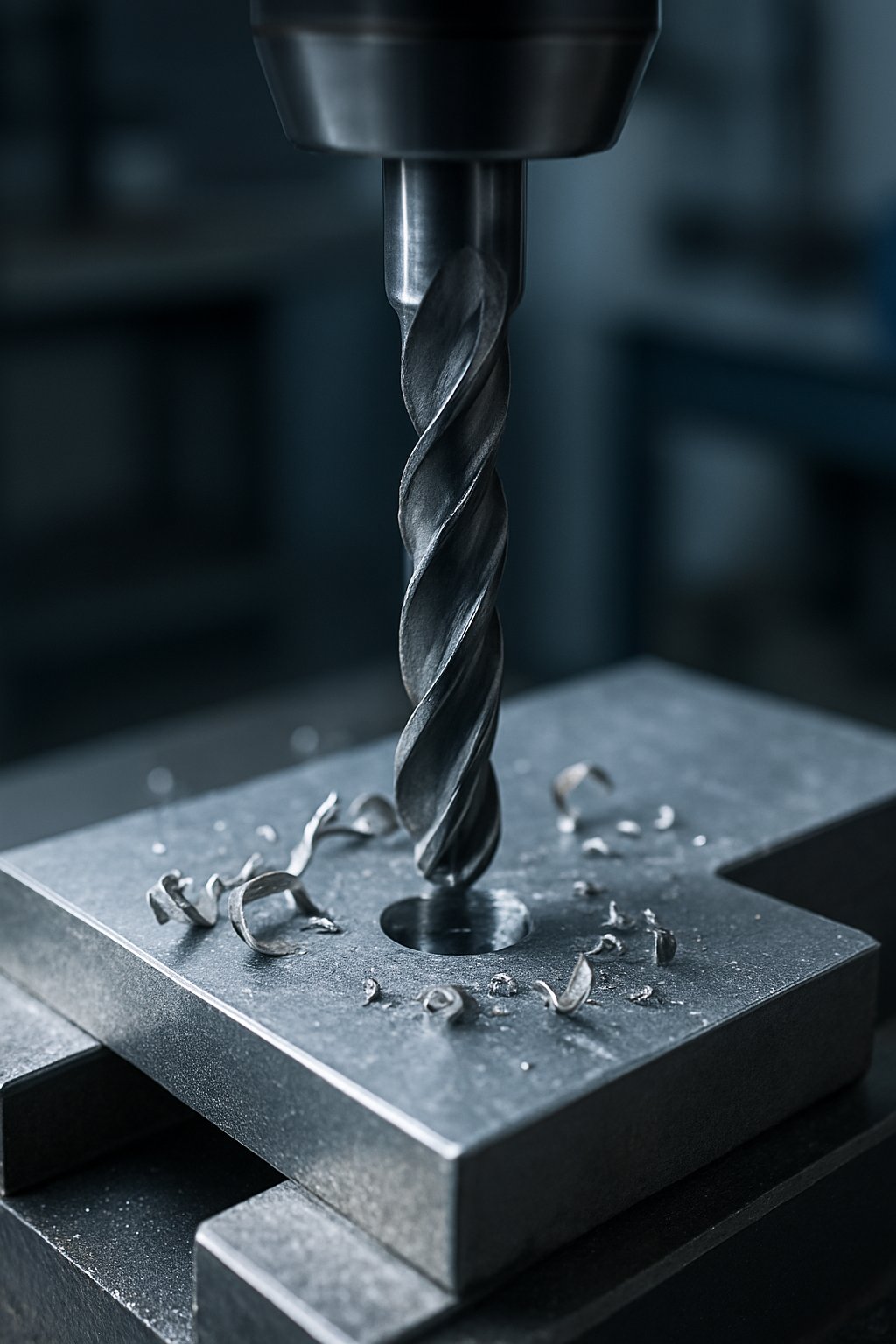 aluminium drilling with a clamped plate and clean chip flow