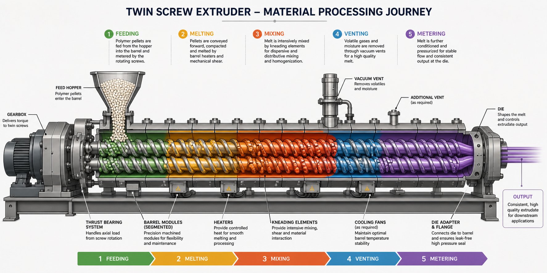 complete material journey through a twin screw extruder from feed throat to die discharge
