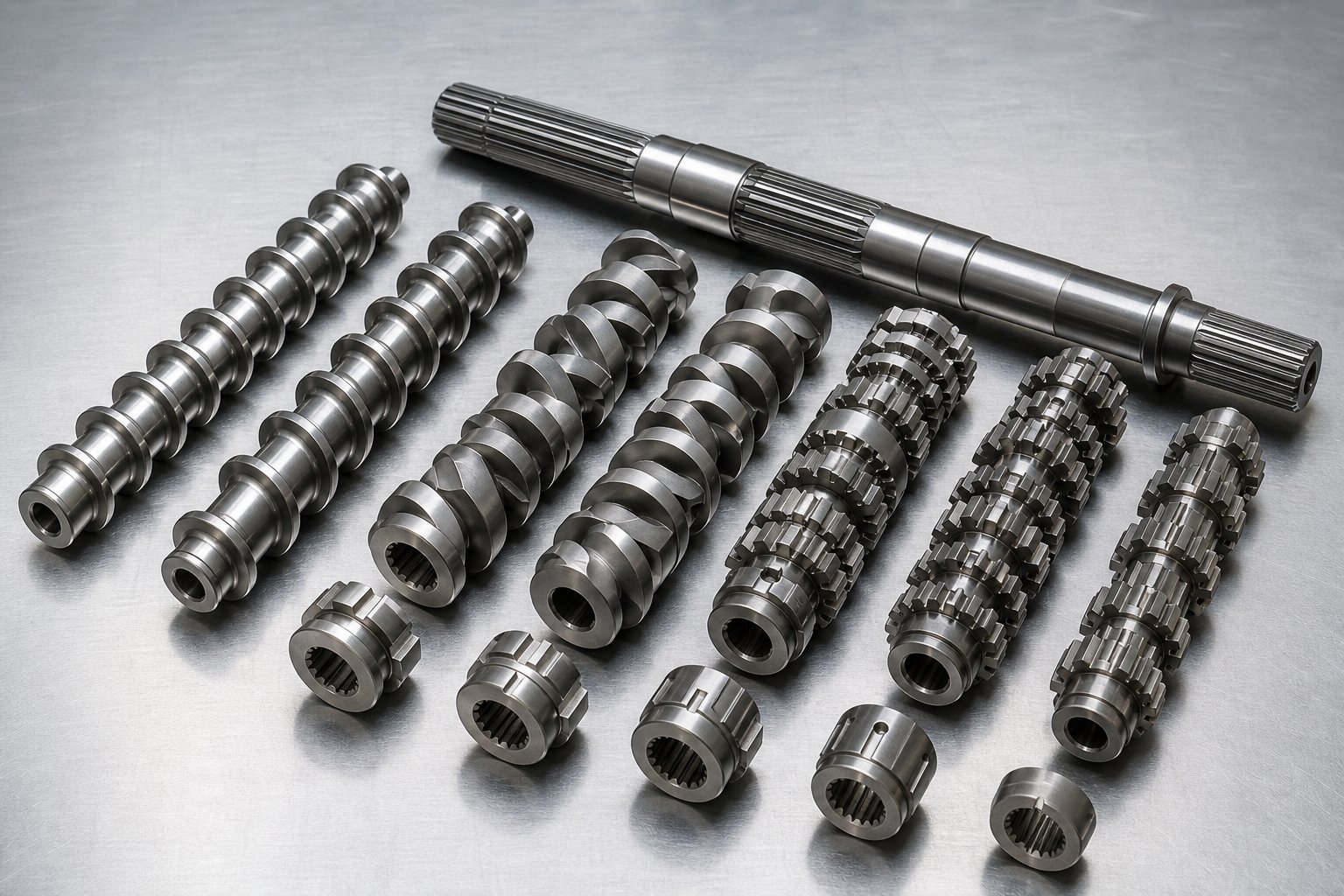modular screw elements including conveying flights kneading blocks and mixing elements for twin screw extruder configuration