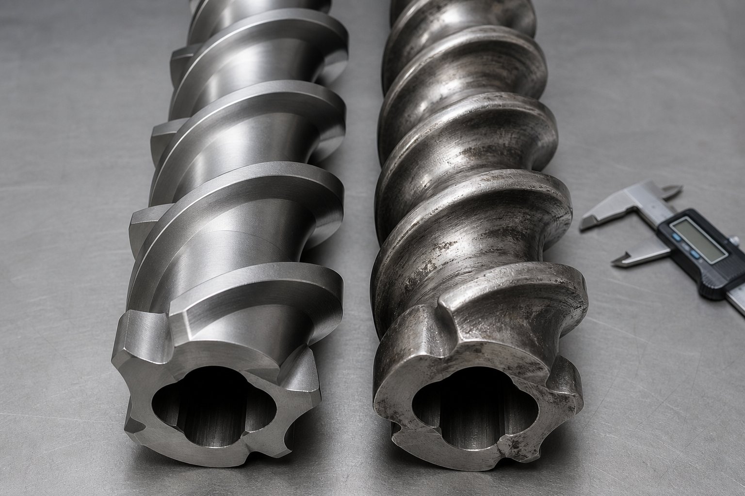 new vs worn twin screw extruder screw elements showing the effects of abrasive wear on flight geometry