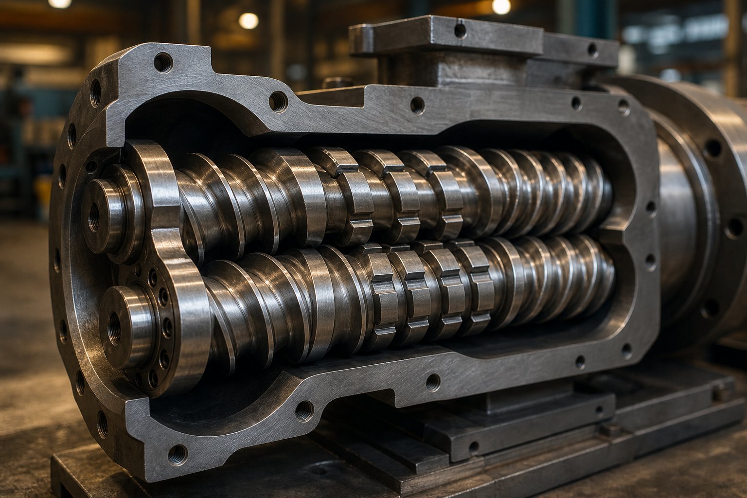 two intermeshing screws inside a twin screw extruder barrel showing modular kneading and conveying elements