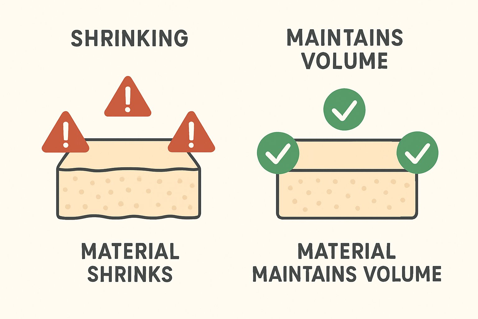 Comparison of shrinkage in standard materials versus volume stability