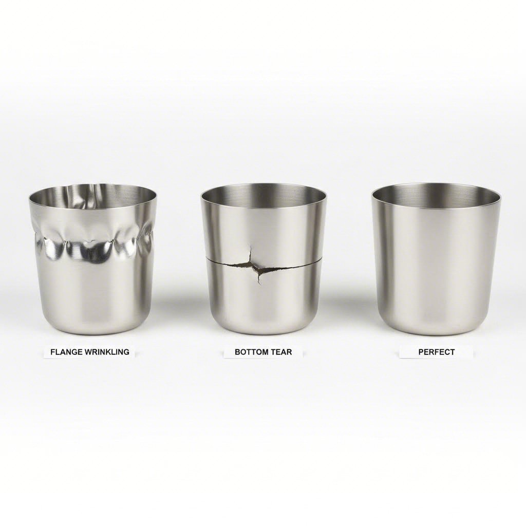 common deep draw defects including wrinkling and tearing compared to successful forming