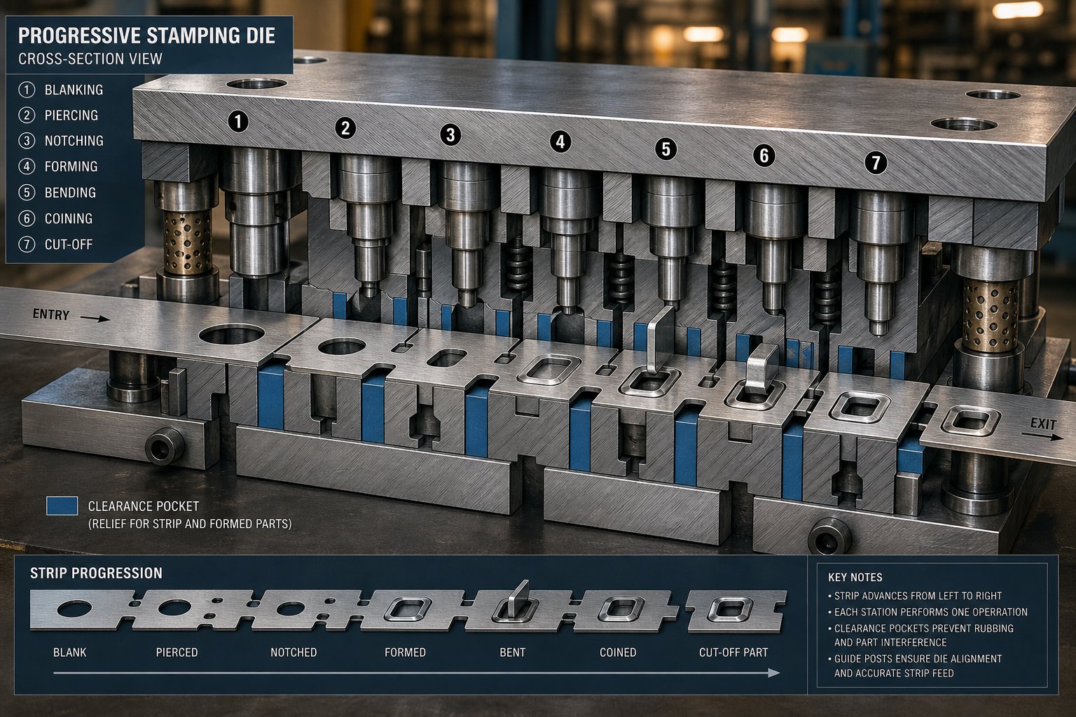 bypass notches in a progressive stamping die provide clearance for formed features during strip advancement