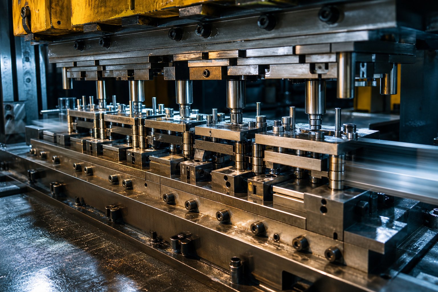 info-1-1 a progressive stamping die with multiple stations forming a metal strip into finished components in a single continuous press operation