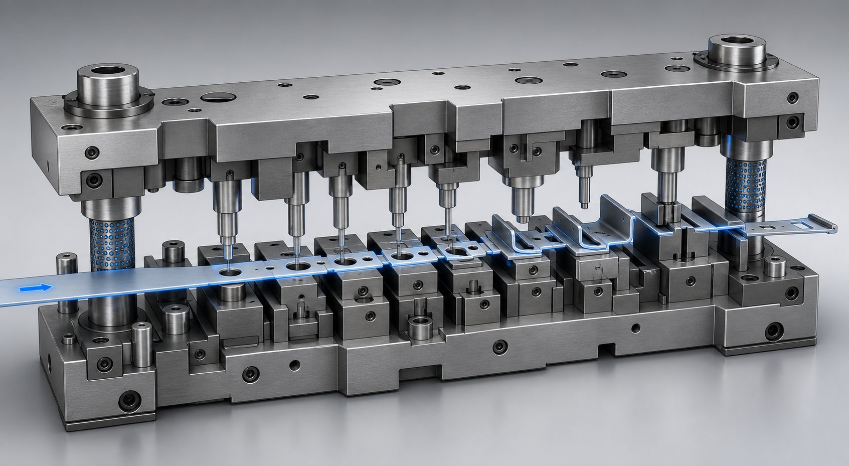 info-1-1 metal strip advancing through progressive die stations where each position performs a distinct forming operation in sequence